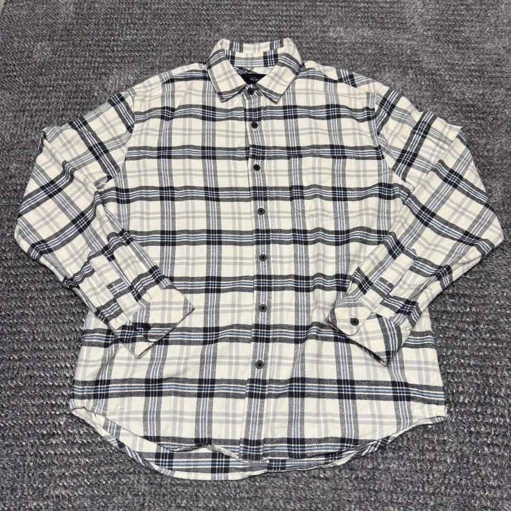 Rails Womens Flannel Shirt Medium M Cream Black Blue Plaid Long Sleeve Button Up